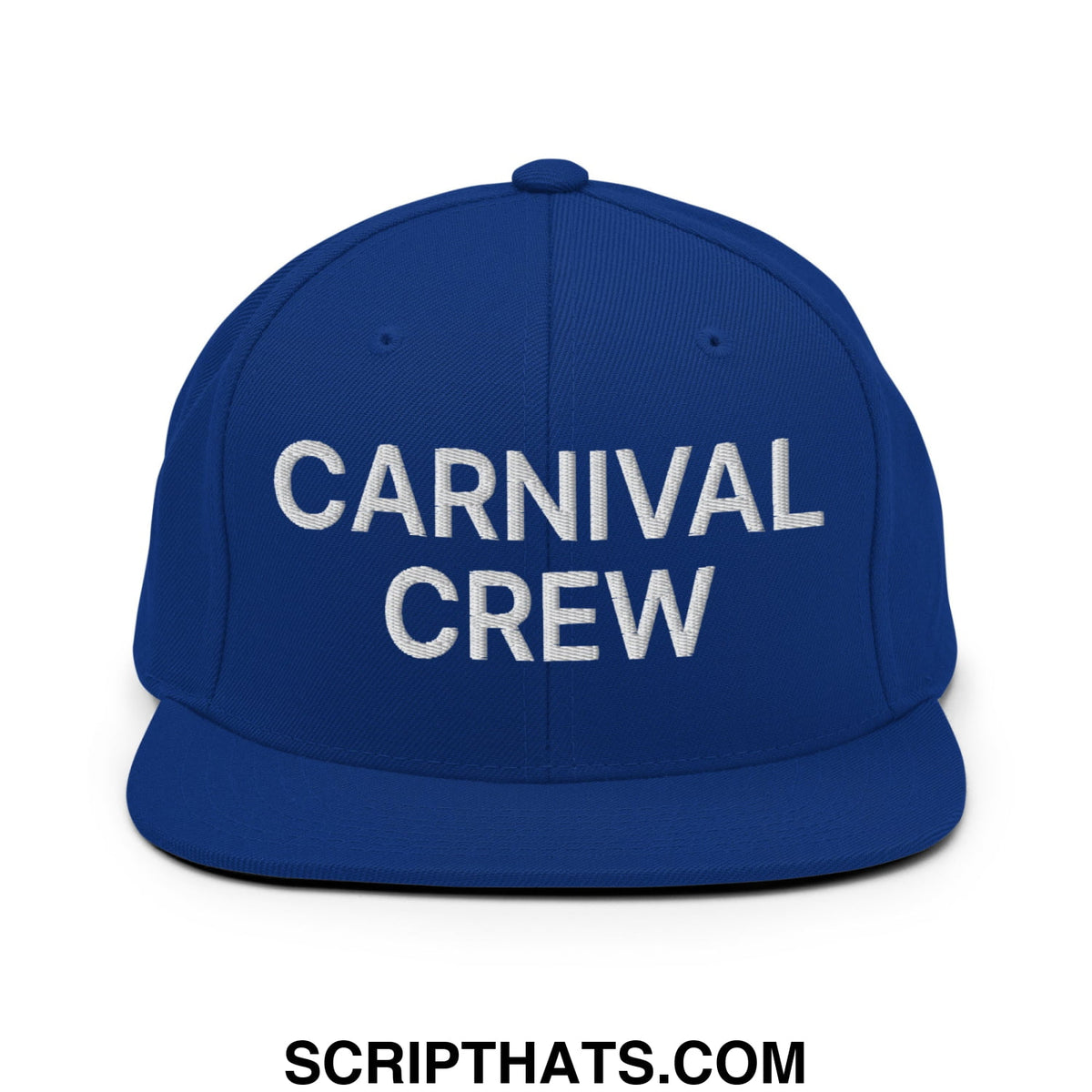 Royal blue snapback hat with white embroidered carnival crew text and flat bill brim for casual wear