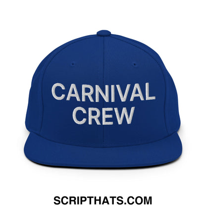 Royal blue snapback hat with white embroidered carnival crew text and flat bill brim for casual wear