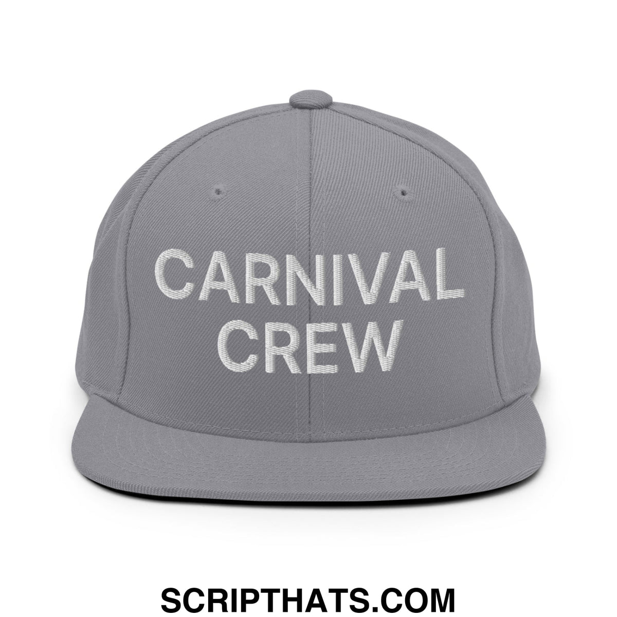 Gray snapback hat with white embroidered carnival crew text and flat bill brim for casual streetwear use