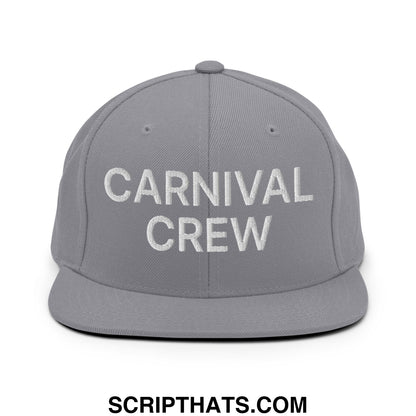 Gray snapback hat with white embroidered carnival crew text and flat bill brim for casual streetwear use