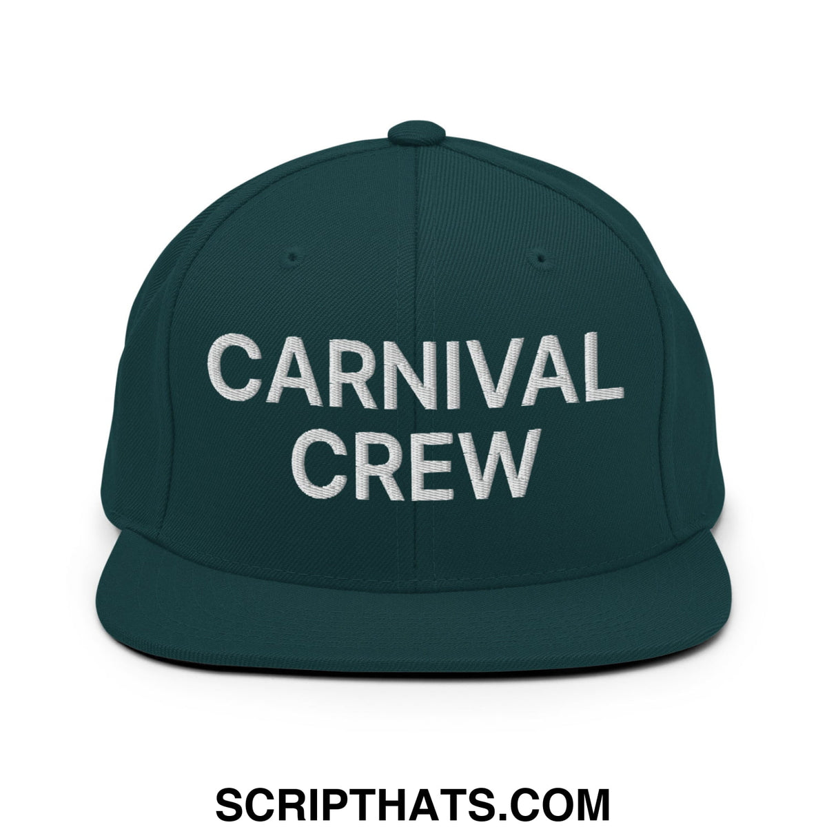 Dark green snapback cap with white embroidered carnival crew text and flat bill brim for casual wear