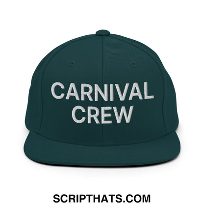 Dark green snapback cap with white embroidered carnival crew text and flat bill brim for casual wear