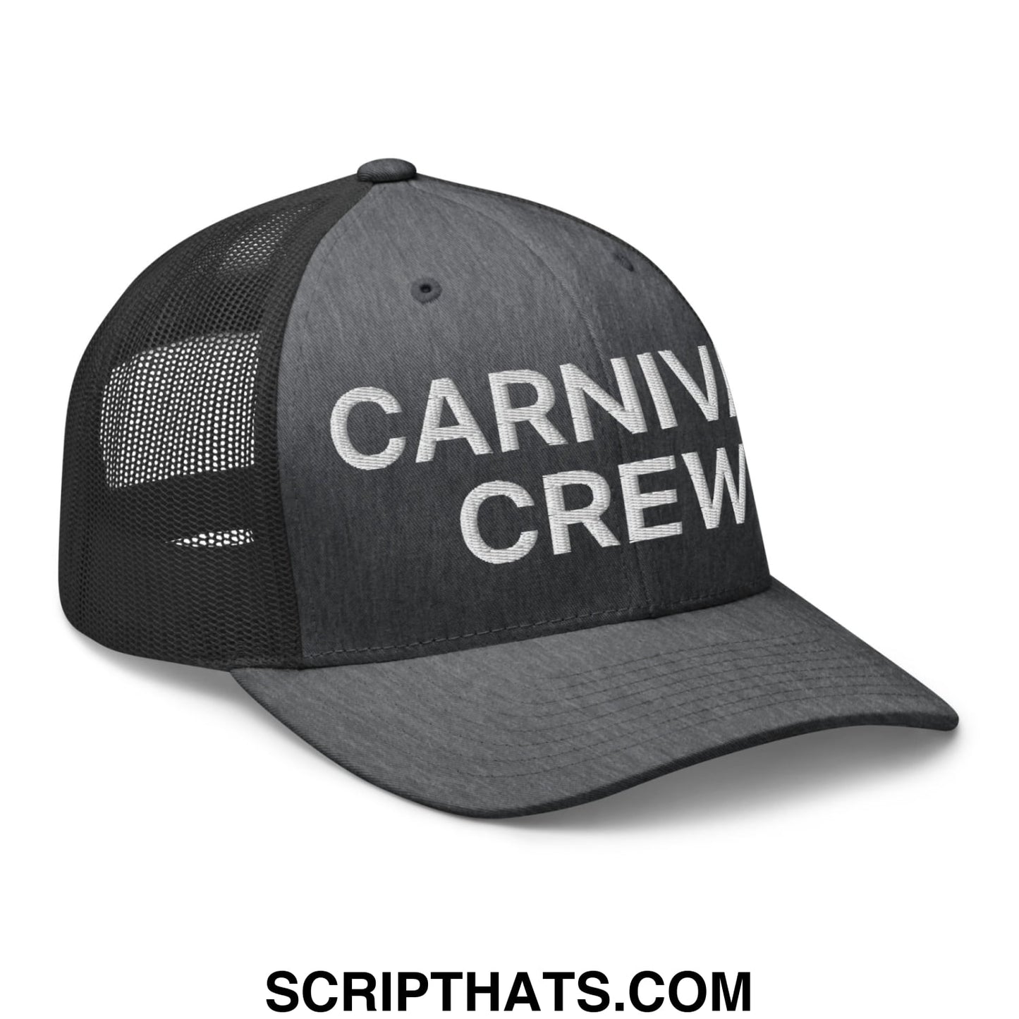 Carnival Crew Carny Work Embroidered Mesh Trucker Hat Dark Heather Gray