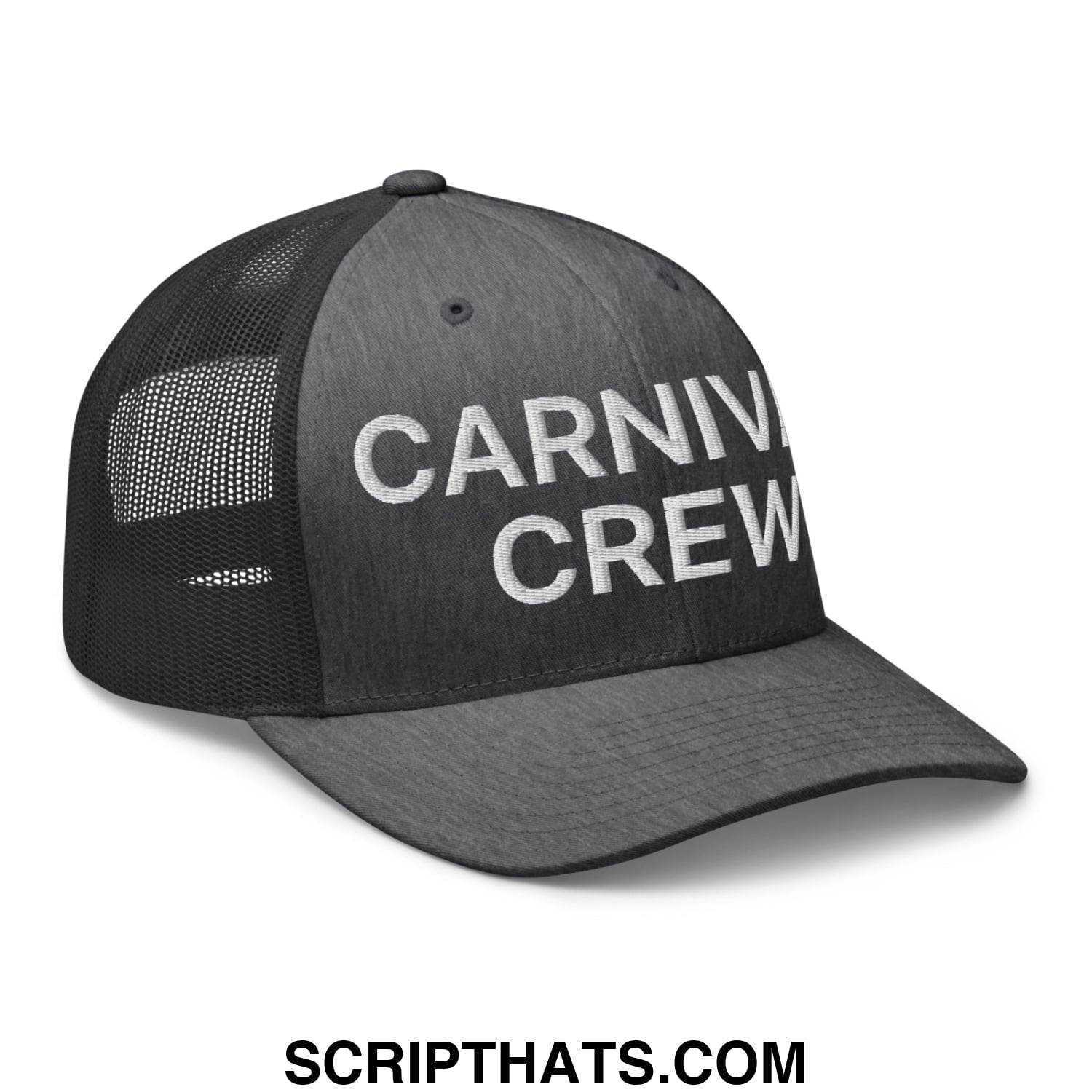Carnival Crew Carny Work Embroidered Mesh Trucker Hat Dark Heather Gray