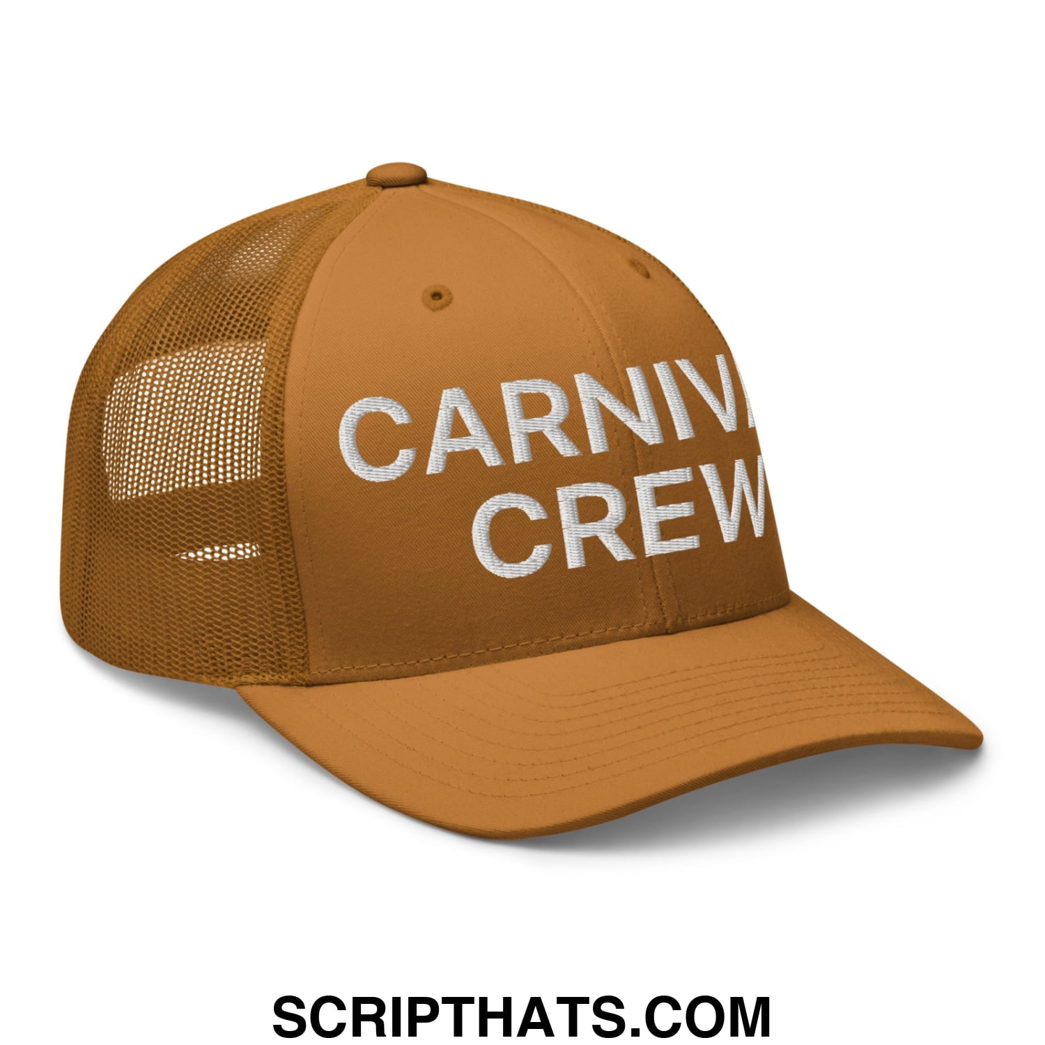 Carnival Crew Carny Work Embroidered Mesh Trucker Hat Caramel