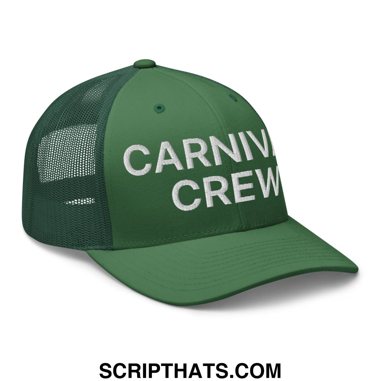 Carnival Crew Carny Work Embroidered Mesh Trucker Hat Evergreen
