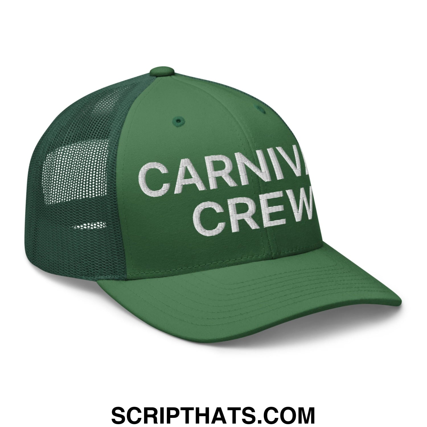 Carnival Crew Carny Work Embroidered Mesh Trucker Hat Evergreen