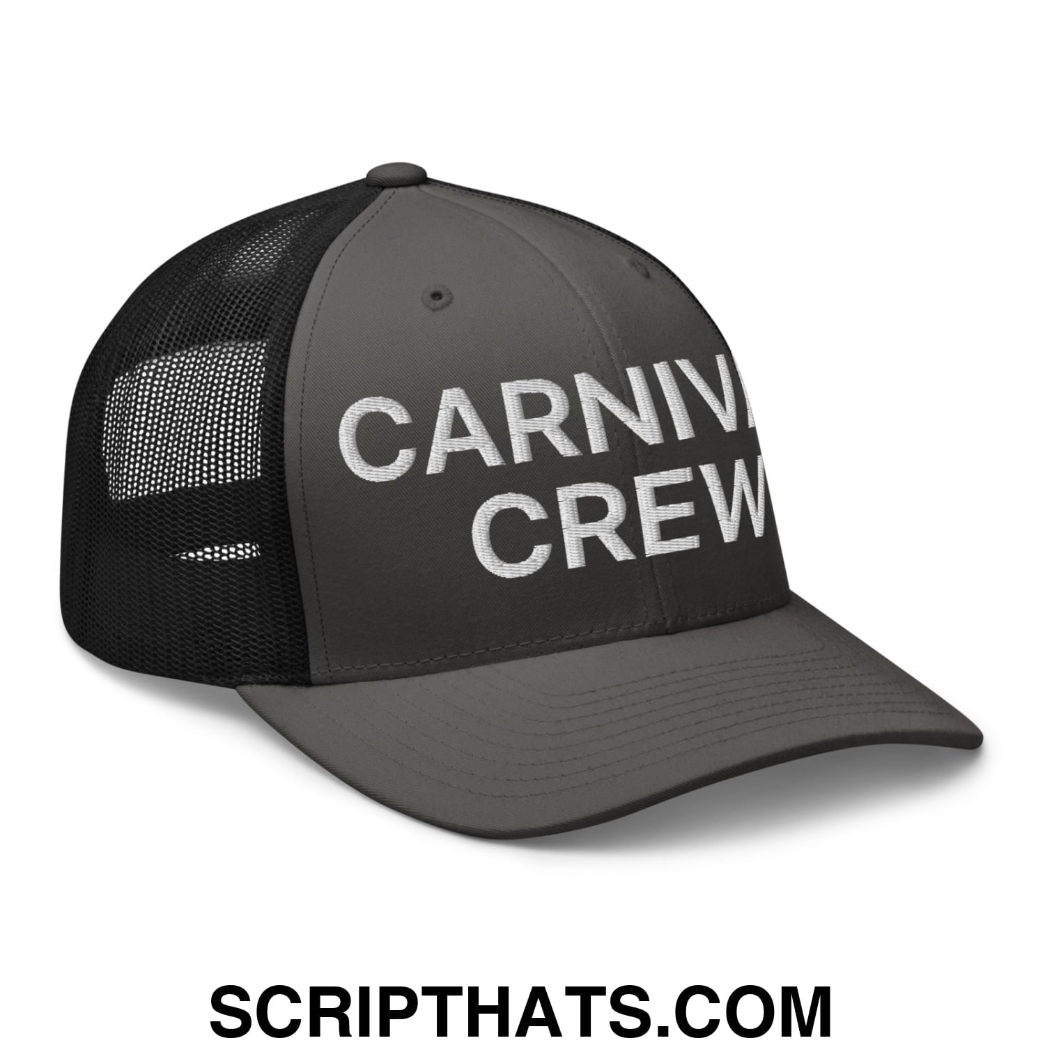 Carnival Crew Carny Work Embroidered Mesh Trucker Hat Charcoal Black