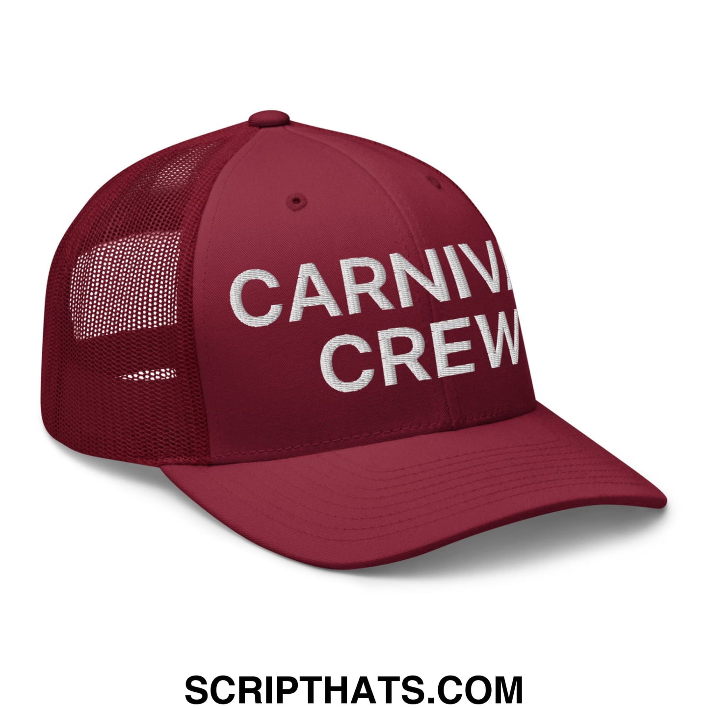 Carnival Crew Carny Work Embroidered Mesh Trucker Hat Cranberry