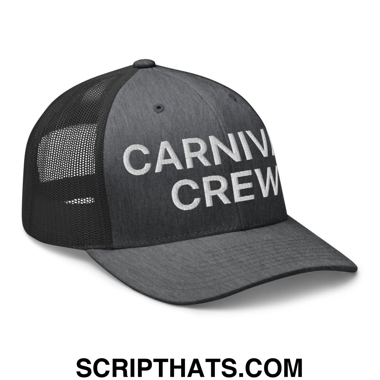 Carnival Crew Carny Work Embroidered Mesh Trucker Hat Dark Heather Gray