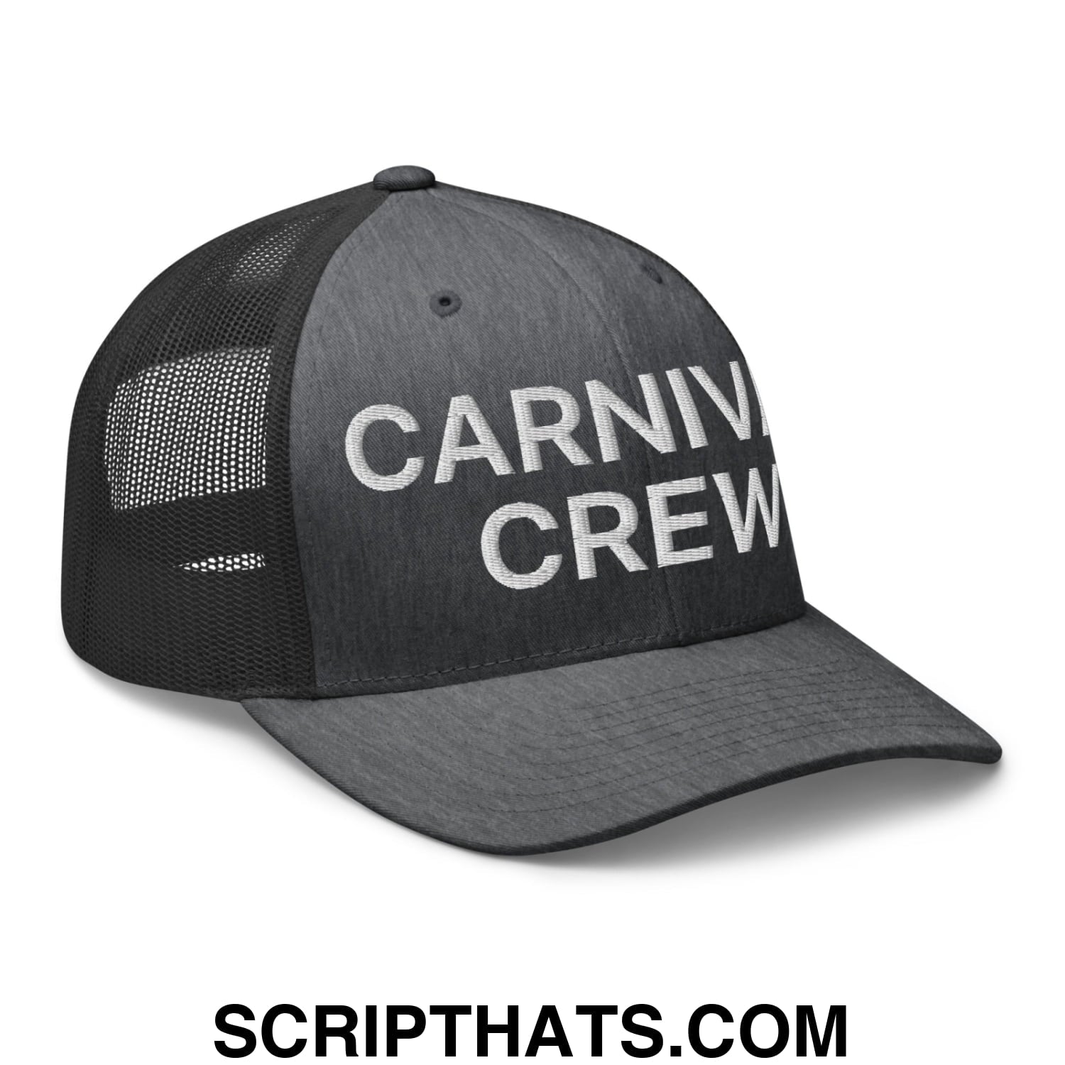 Carnival Crew Carny Work Embroidered Mesh Trucker Hat Dark Heather Gray
