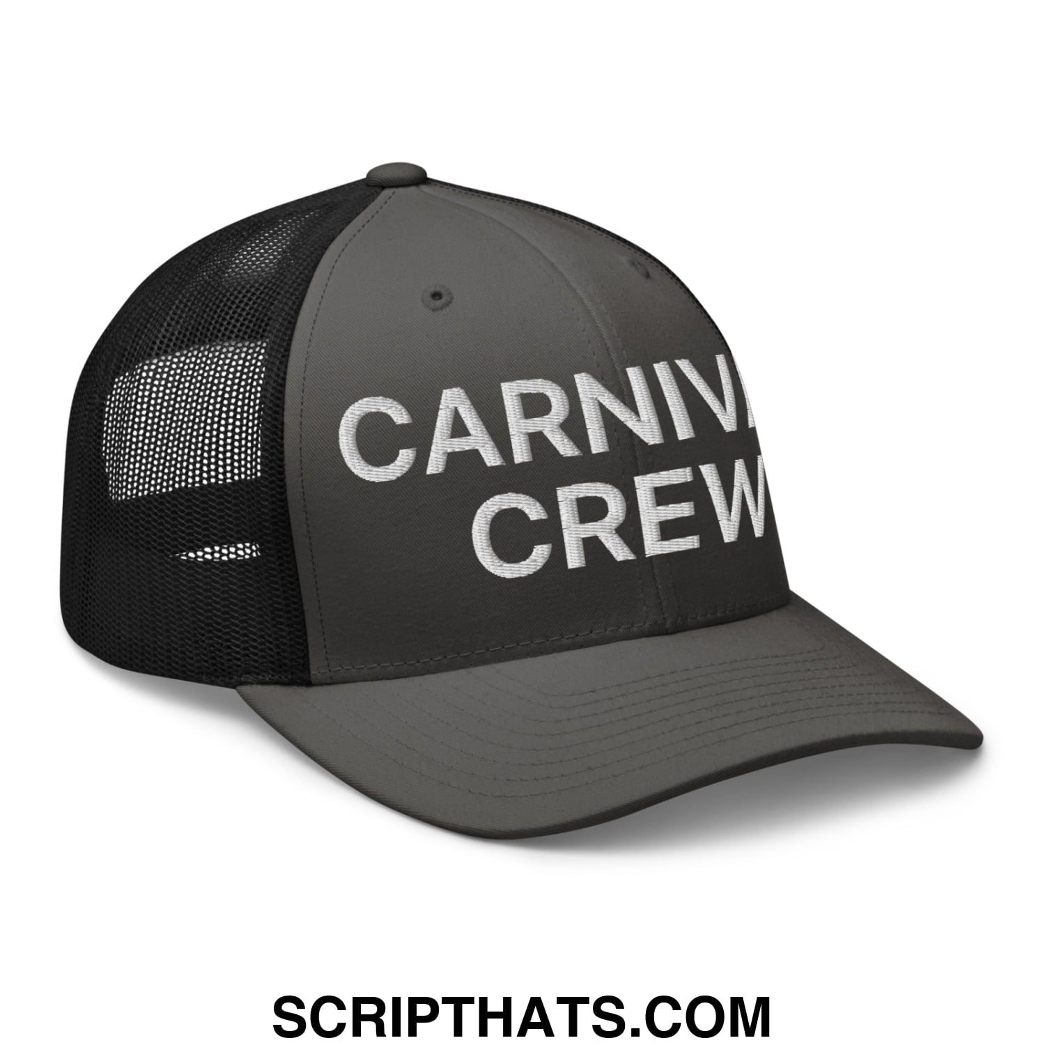 Carnival Crew Carny Work Embroidered Mesh Trucker Hat Charcoal Black