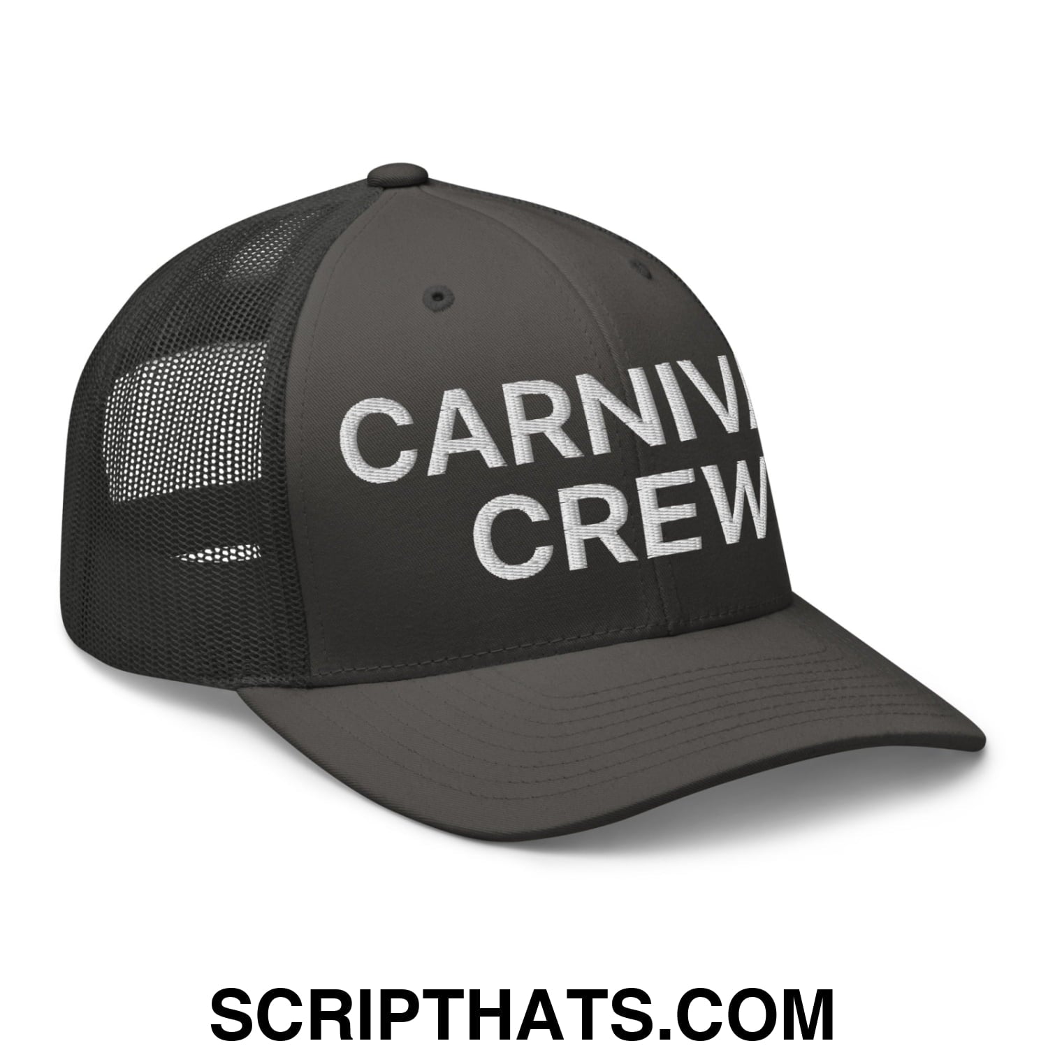Carnival Crew Carny Work Embroidered Mesh Trucker Hat Charcoal