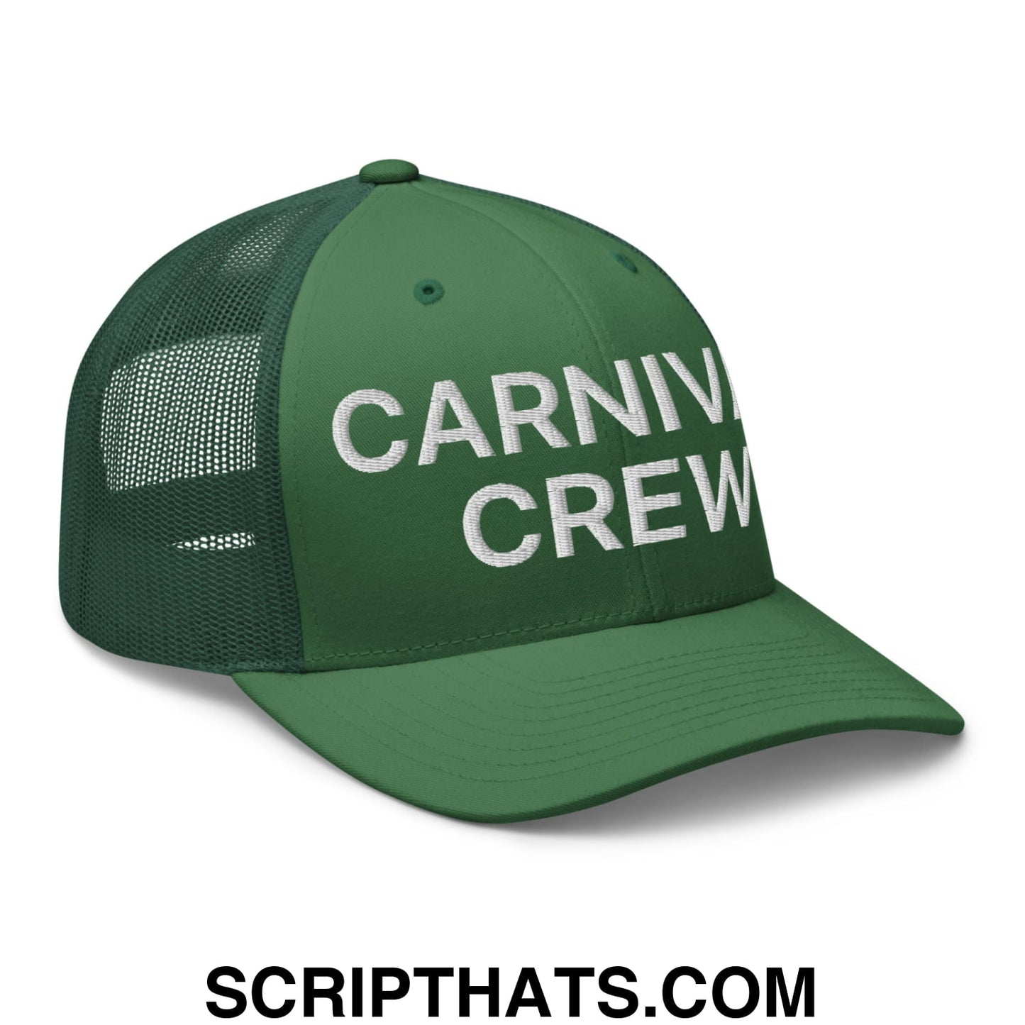 Carnival Crew Carny Work Embroidered Mesh Trucker Hat Evergreen