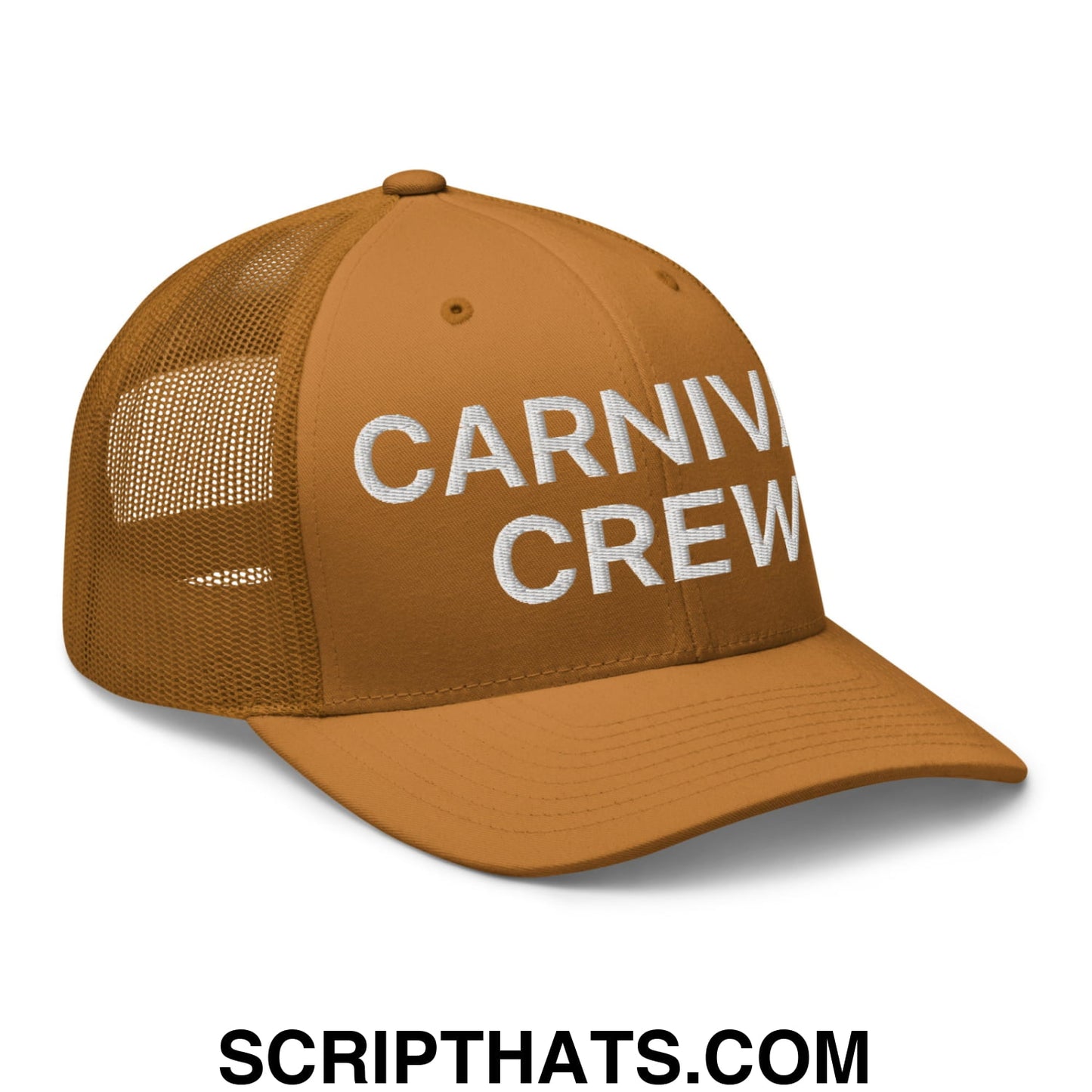 Carnival Crew Carny Work Embroidered Mesh Trucker Hat Caramel