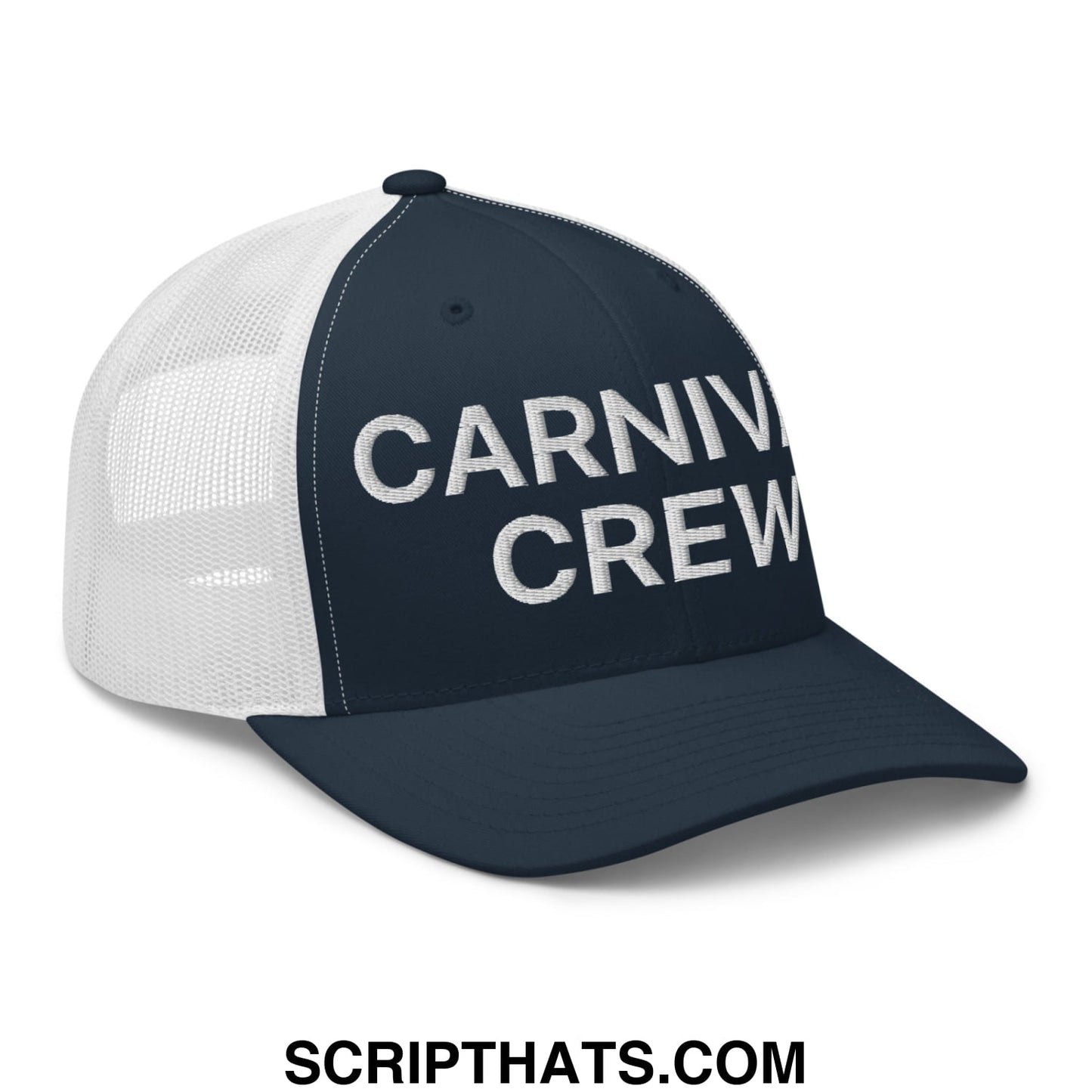 Carnival Crew Carny Work Embroidered Mesh Trucker Hat Navy White