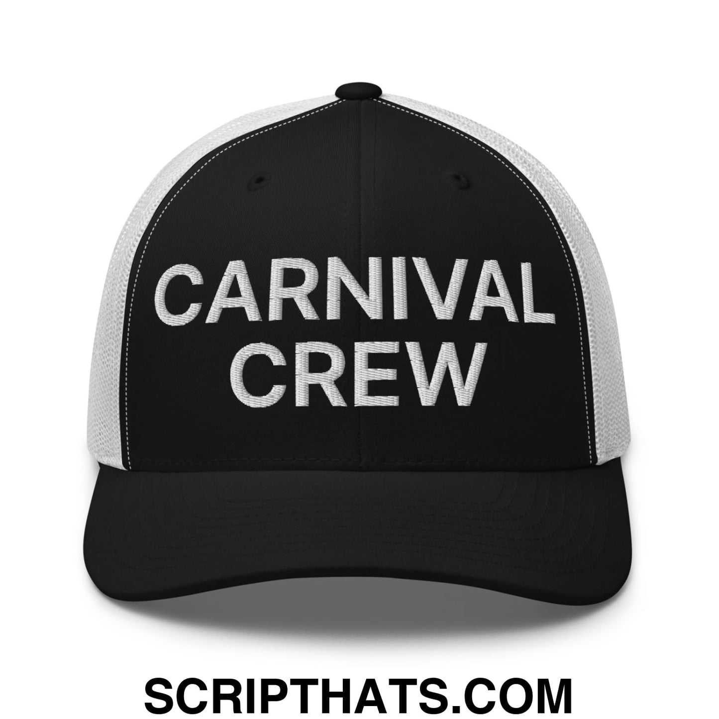 Carnival Crew Carny Work Embroidered Mesh Trucker Hat Black White