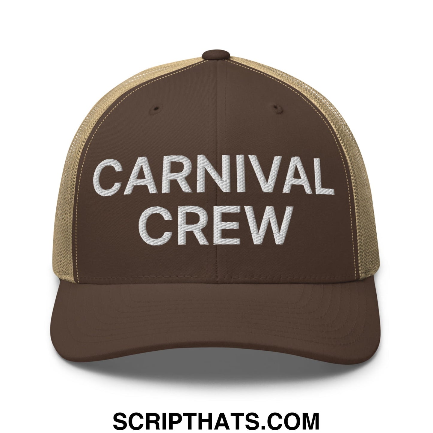 Carnival Crew Carny Work Embroidered Mesh Trucker Hat Brown Khaki