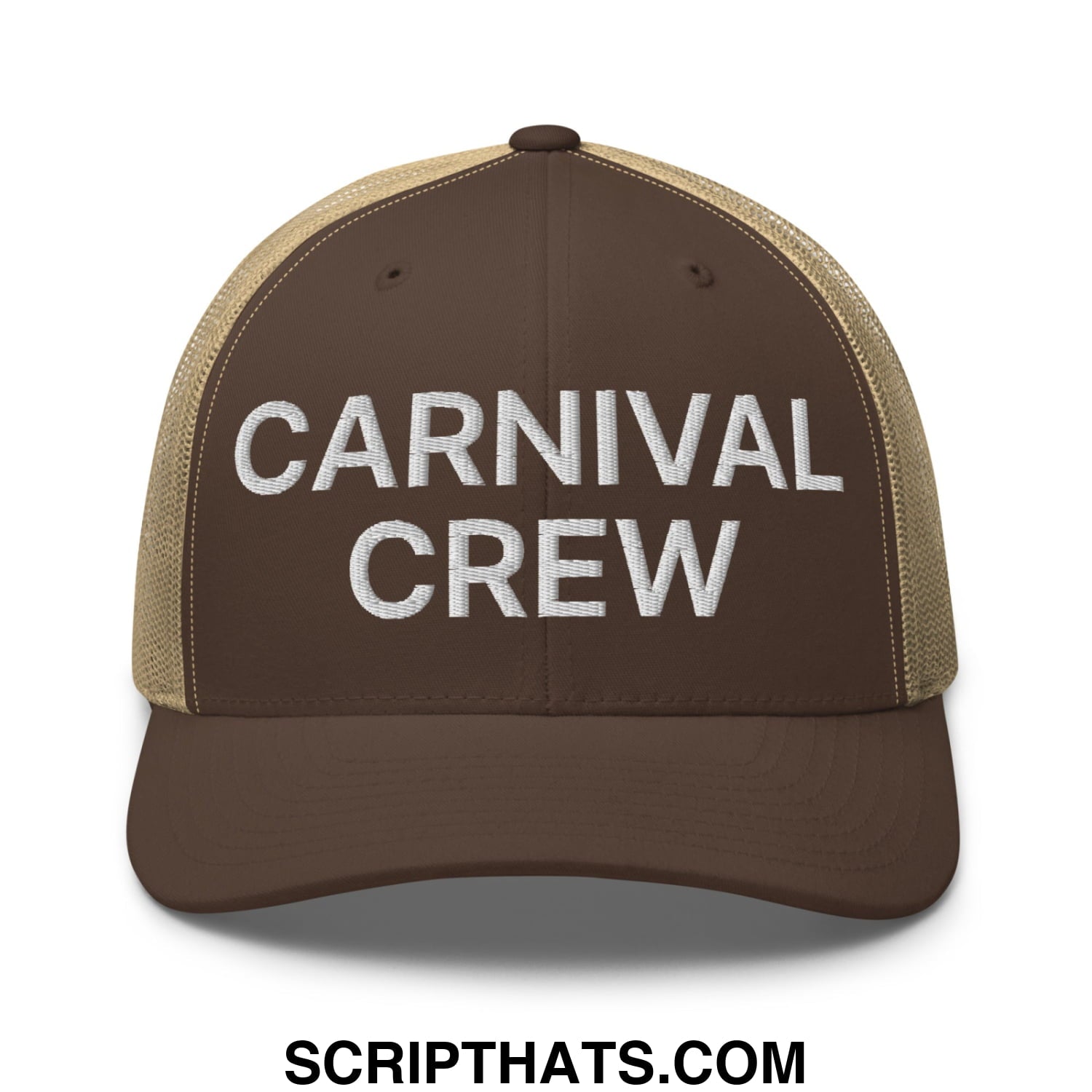 Carnival Crew Carny Work Embroidered Mesh Trucker Hat Brown Khaki