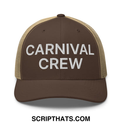 Carnival Crew Carny Work Embroidered Mesh Trucker Hat Brown Khaki