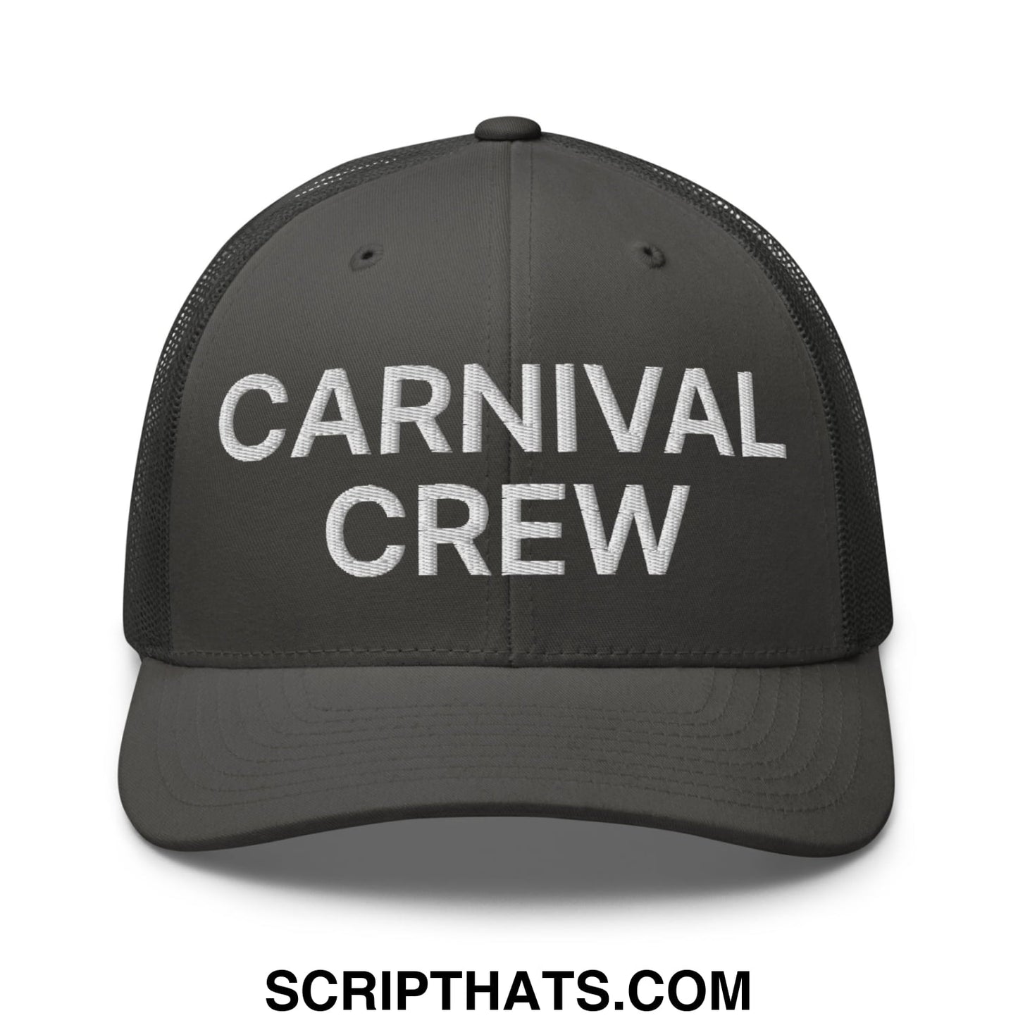 Carnival Crew Carny Work Embroidered Mesh Trucker Hat Charcoal
