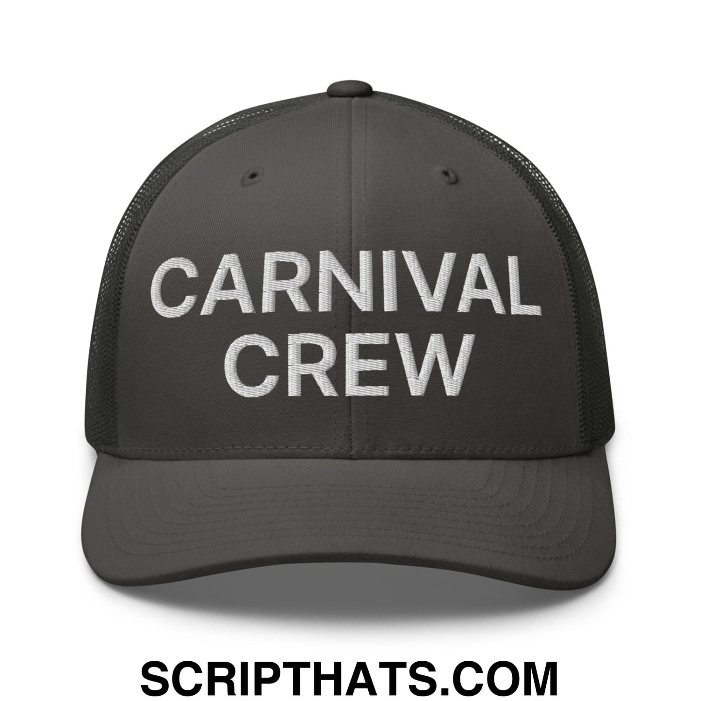 Carnival Crew Carny Work Embroidered Mesh Trucker Hat Charcoal