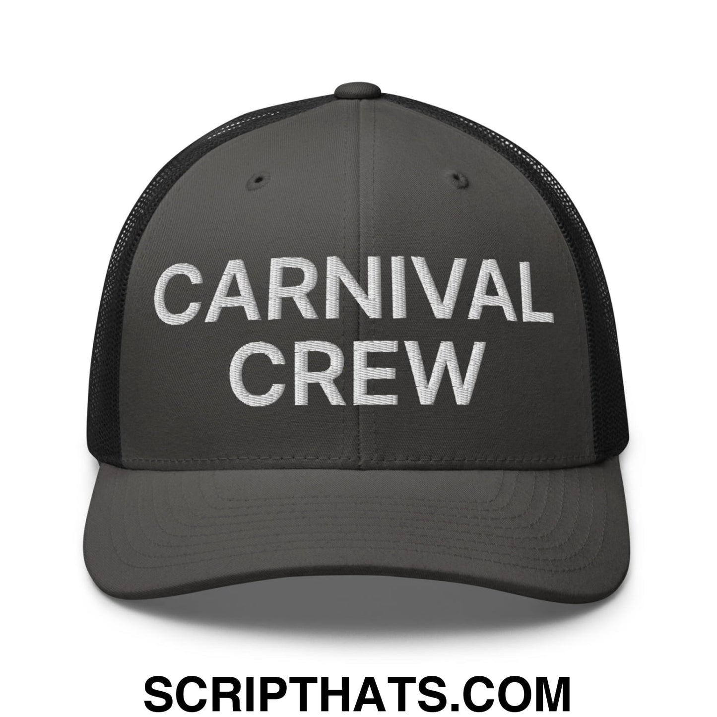 Carnival Crew Carny Work Embroidered Mesh Trucker Hat Charcoal Black
