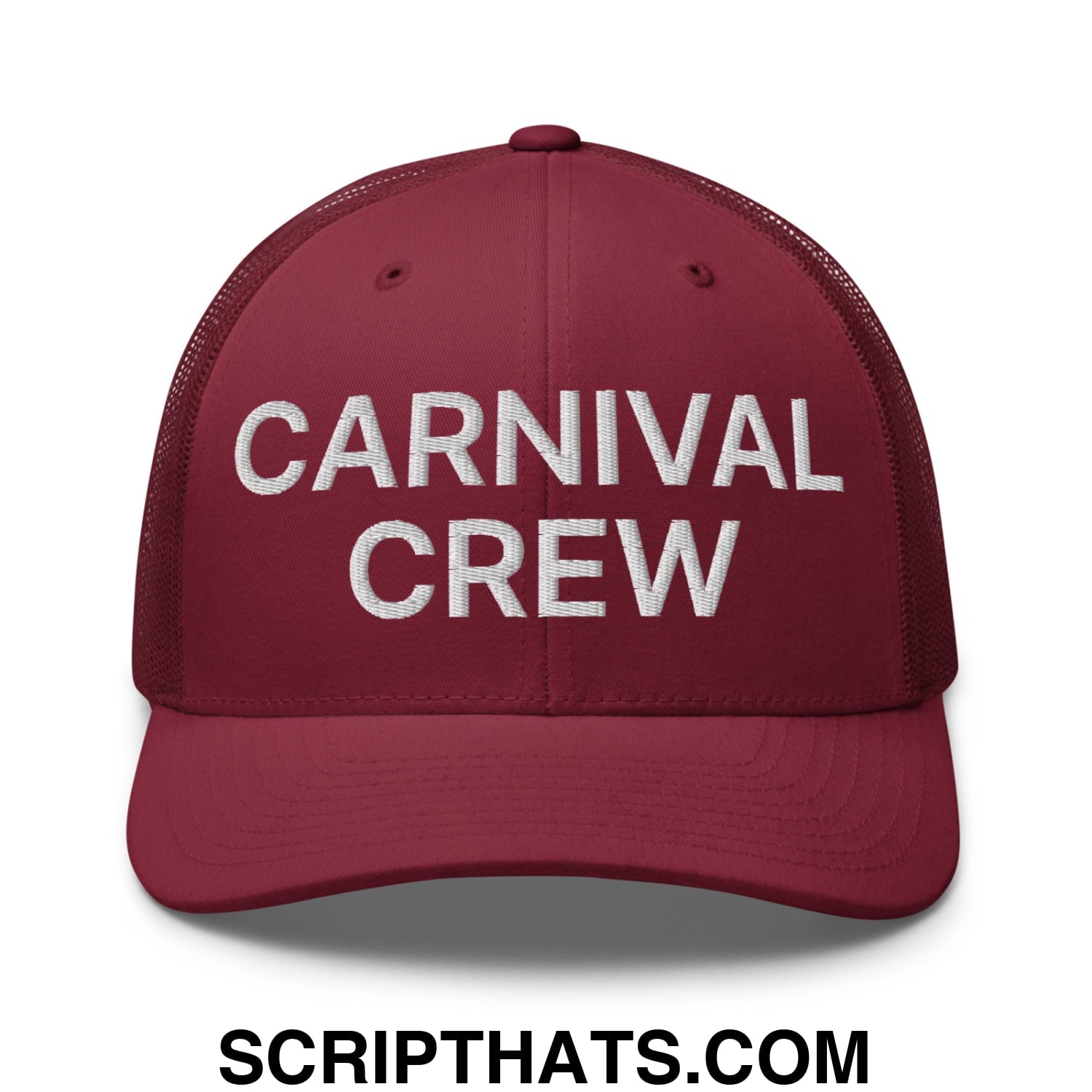 Carnival Crew Carny Work Embroidered Mesh Trucker Hat Cranberry