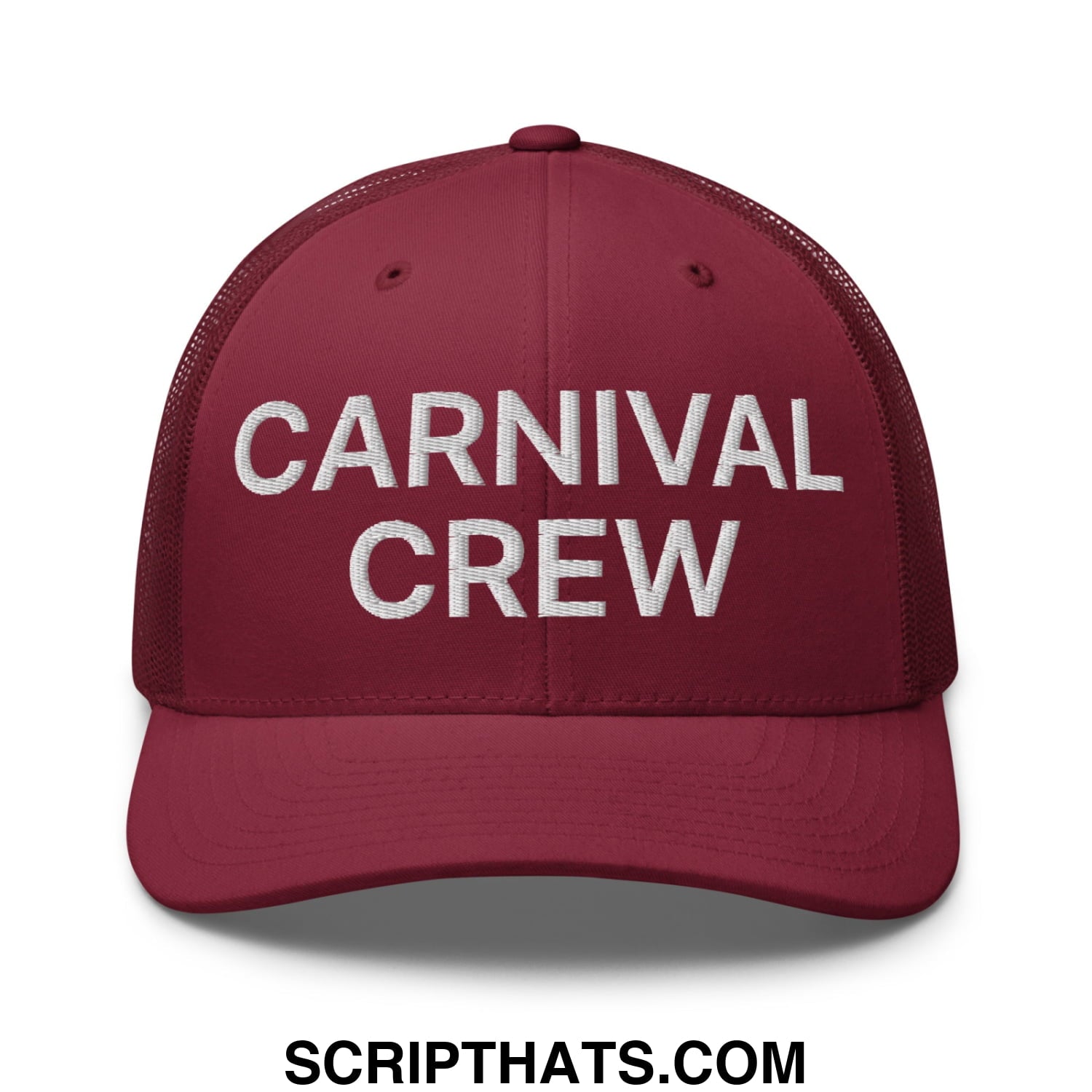 Carnival Crew Carny Work Embroidered Mesh Trucker Hat Cranberry