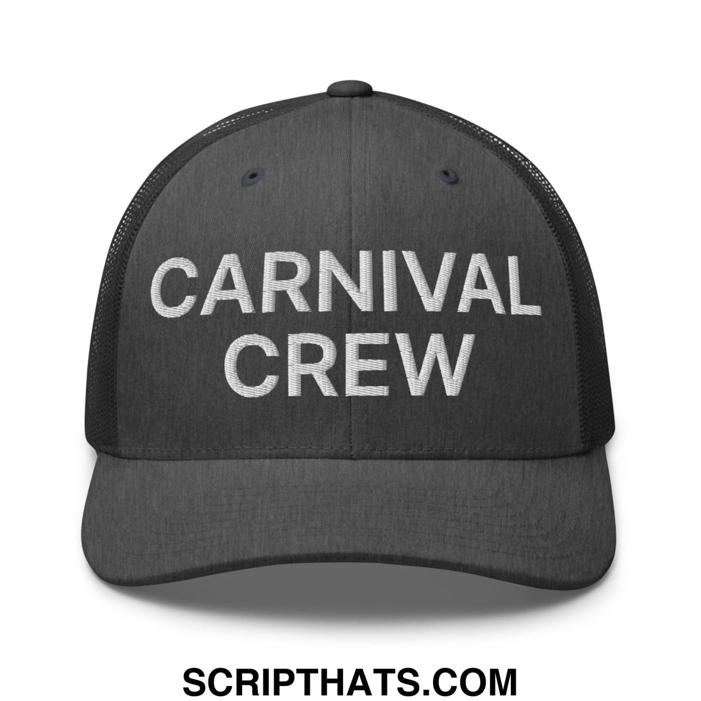 Carnival Crew Carny Work Embroidered Mesh Trucker Hat Dark Heather Gray