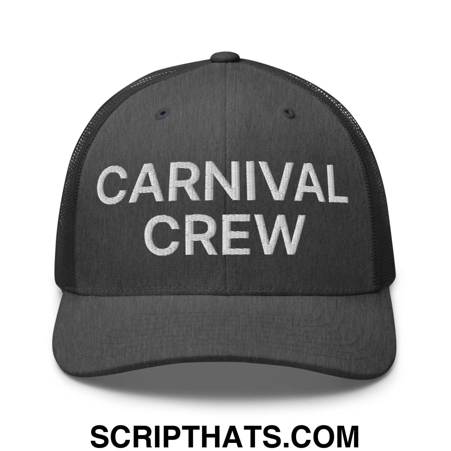 Carnival Crew Carny Work Embroidered Mesh Trucker Hat Dark Heather Gray