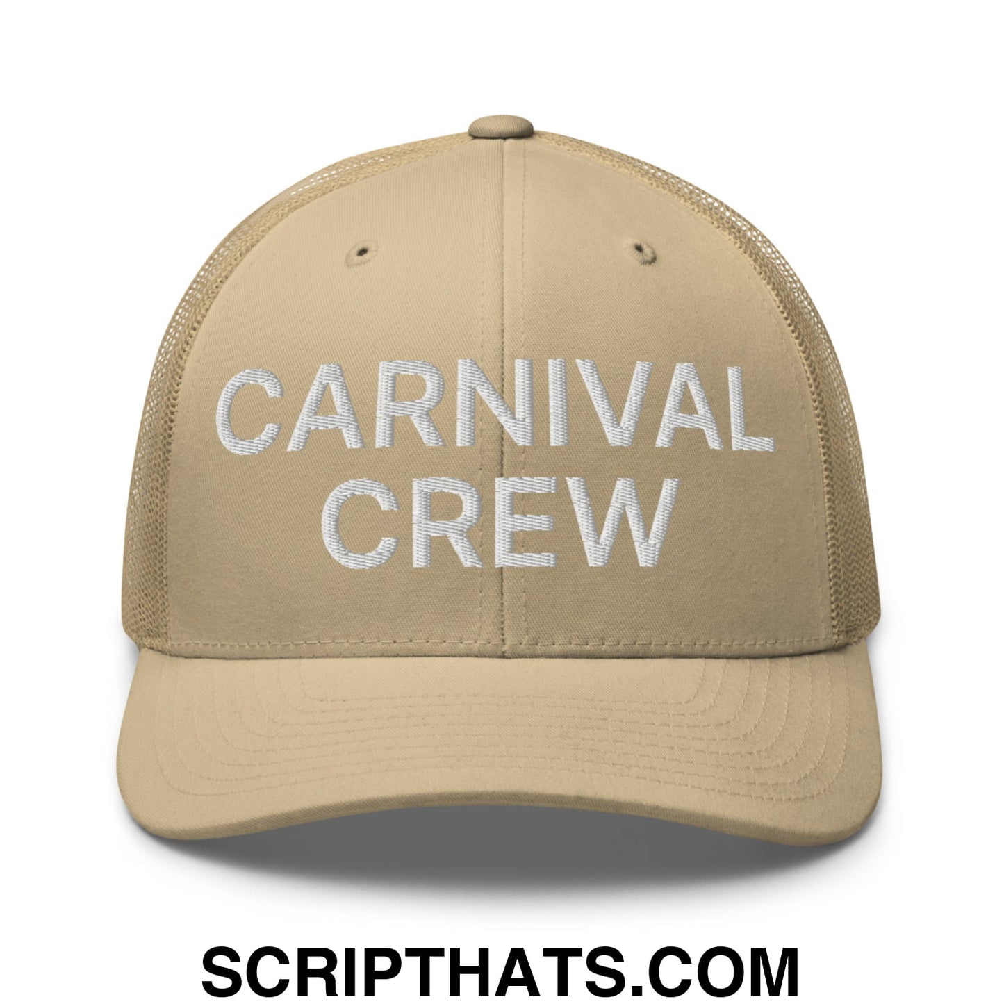 Carnival Crew Carny Work Embroidered Mesh Trucker Hat Khaki