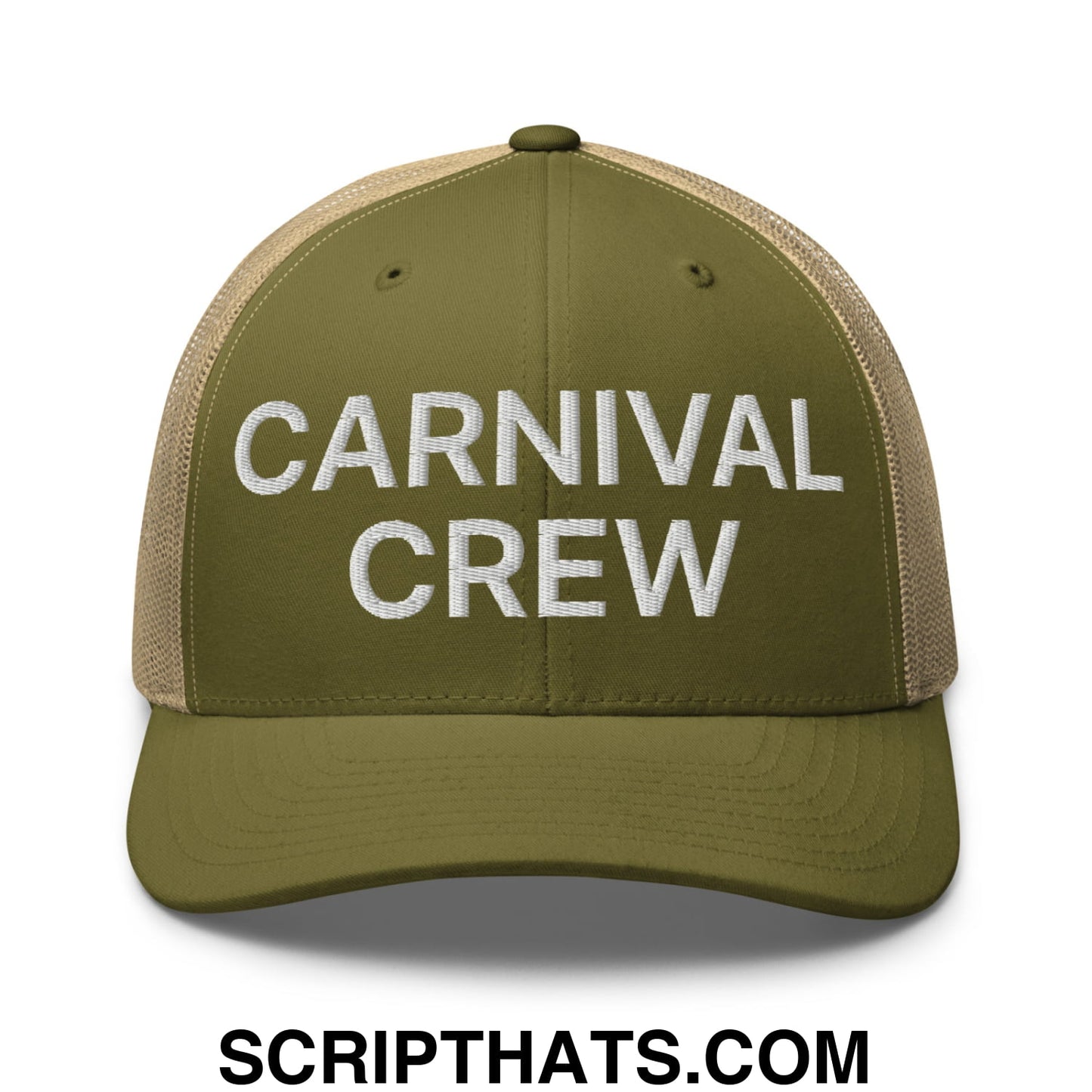 Carnival Crew Carny Work Embroidered Mesh Trucker Hat Moss Khaki