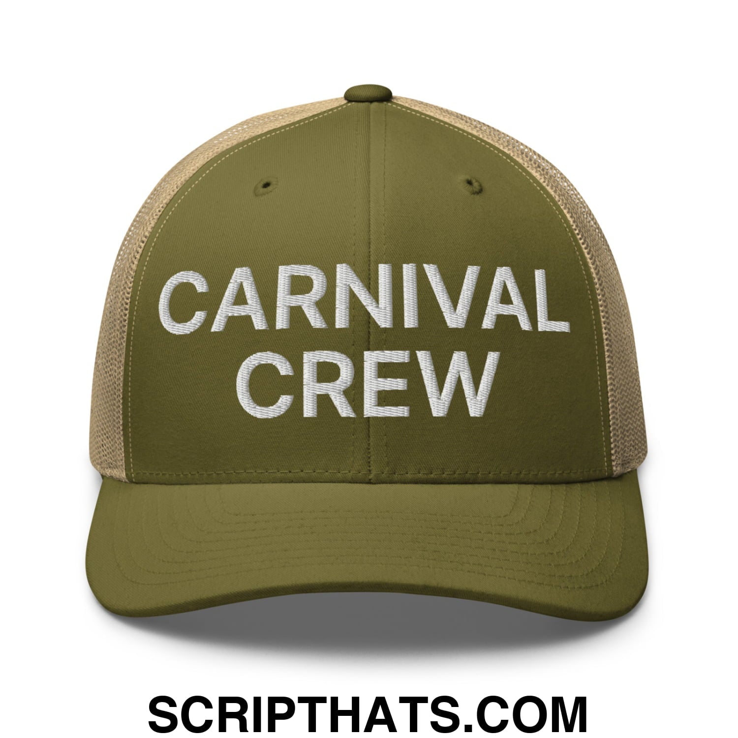 Carnival Crew Carny Work Embroidered Mesh Trucker Hat Moss Khaki