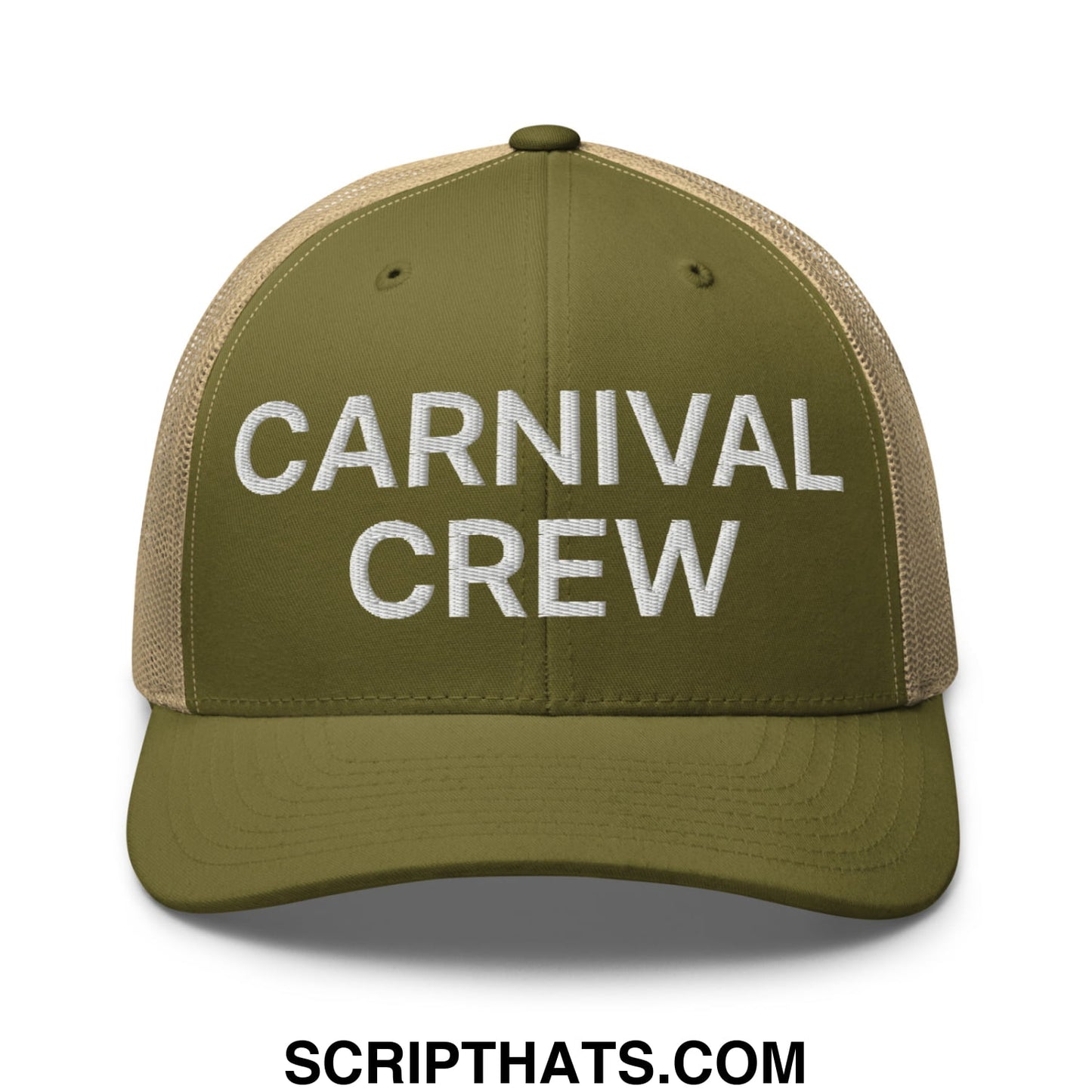 Carnival Crew Carny Work Embroidered Mesh Trucker Hat Moss Khaki