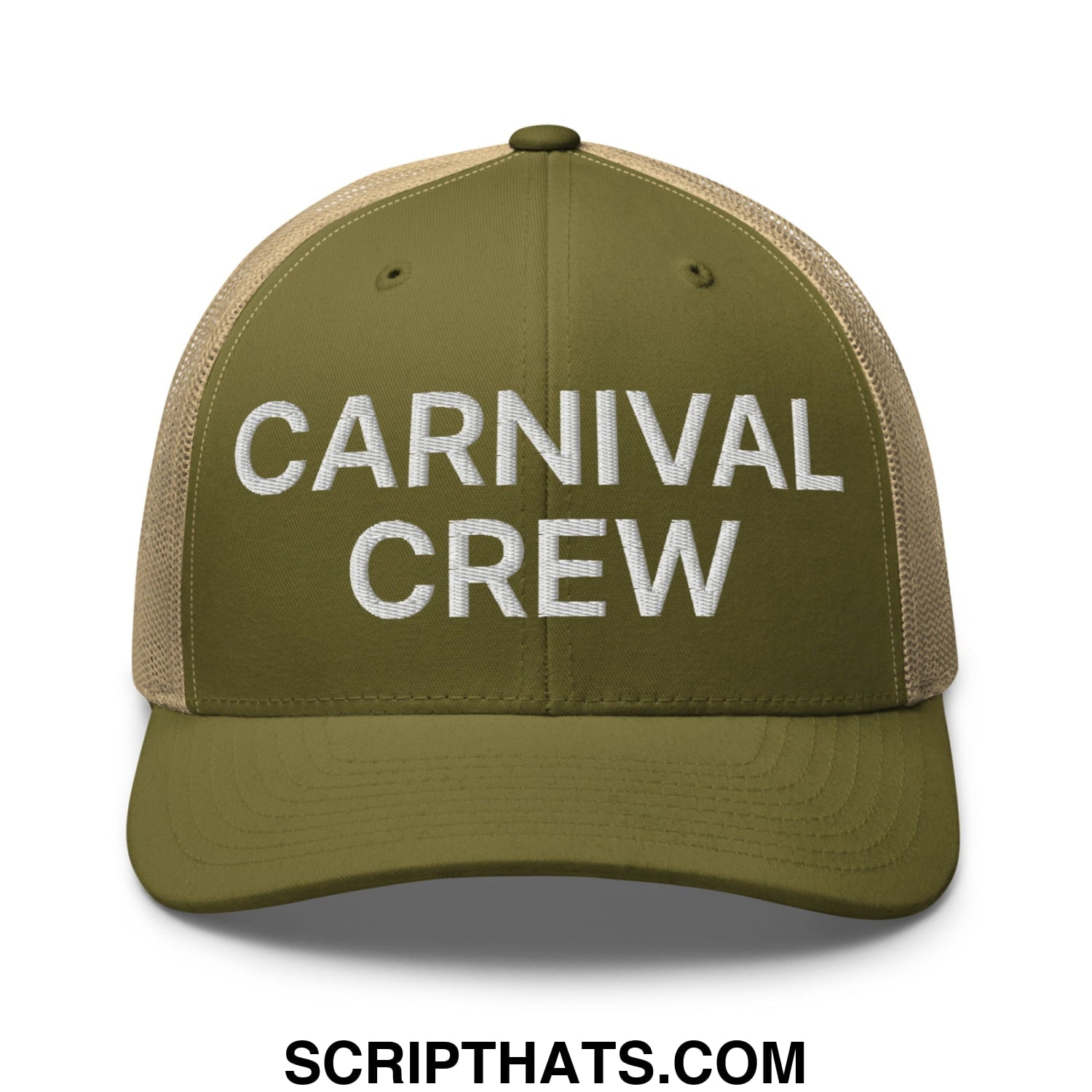 Carnival Crew Carny Work Embroidered Mesh Trucker Hat Moss Khaki
