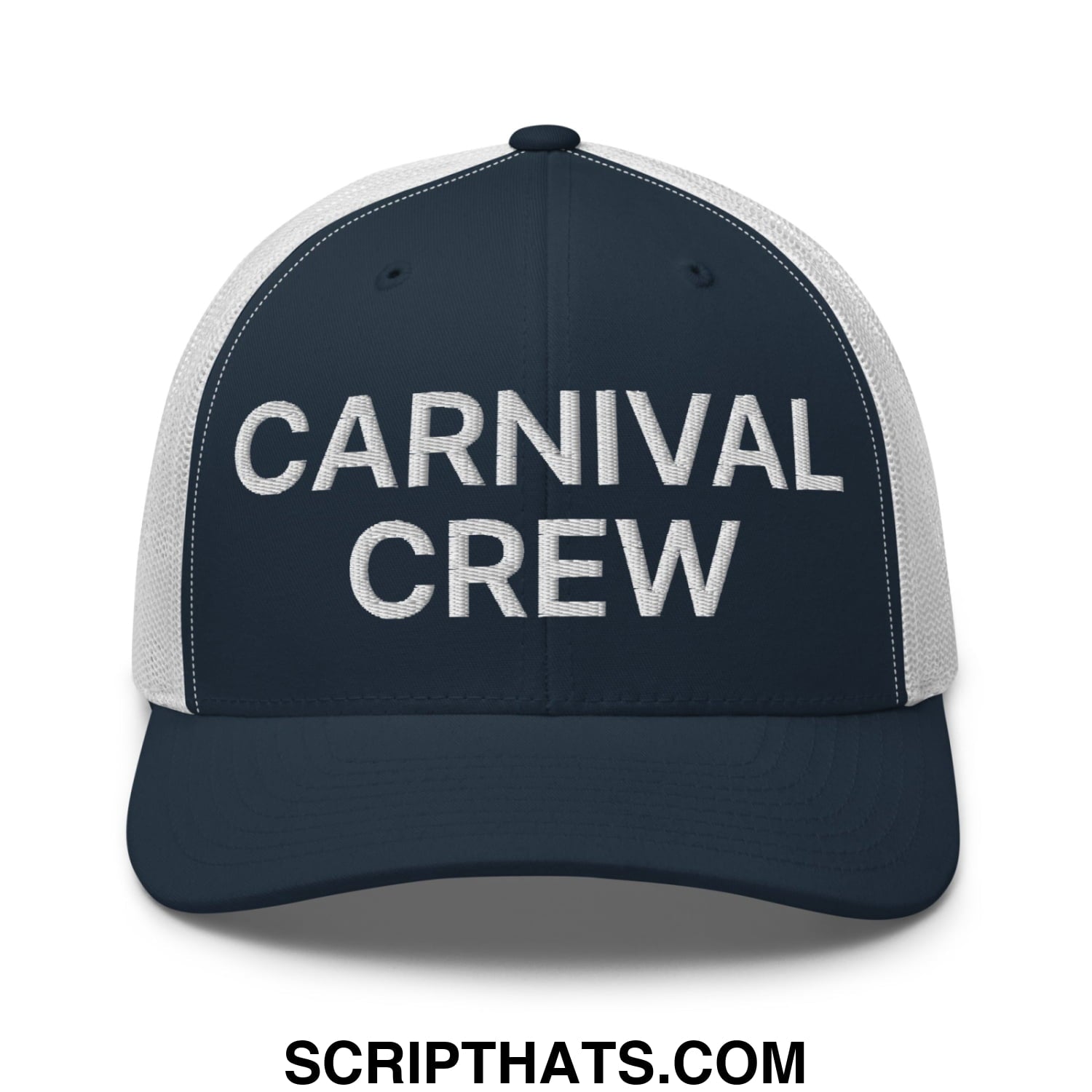 Carnival Crew Carny Work Embroidered Mesh Trucker Hat Navy White