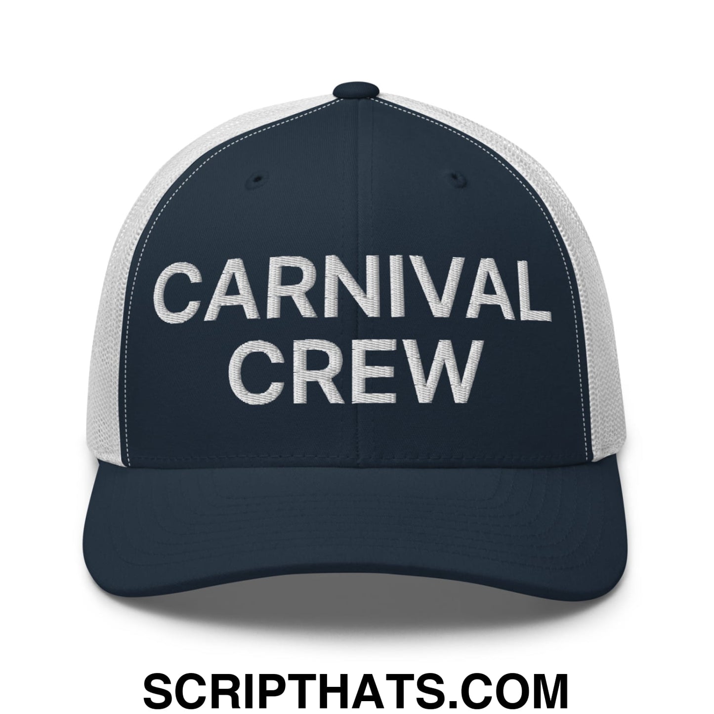 Carnival Crew Carny Work Embroidered Mesh Trucker Hat Navy White