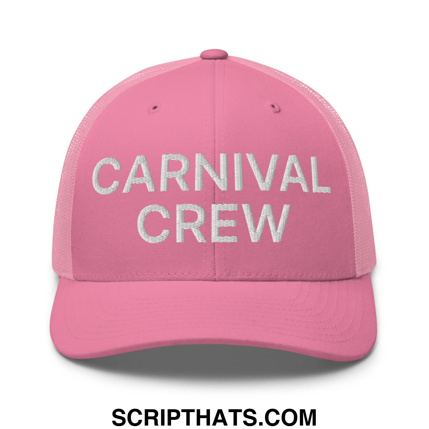 Carnival Crew Carny Work Embroidered Mesh Trucker Hat Pink