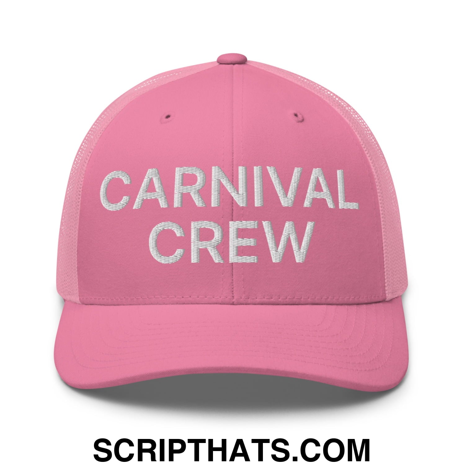 Carnival Crew Carny Work Embroidered Mesh Trucker Hat Pink