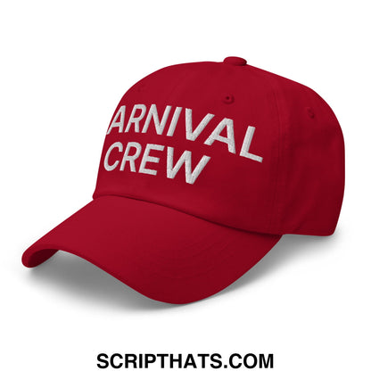 Red unstructured dad hat with carnival crew embroidered in white thread for casual workwear