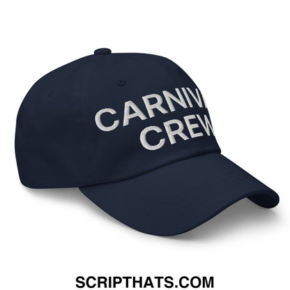 Navy blue unstructured dad hat with white embroidered carnivore crew text for casual carnival workwear