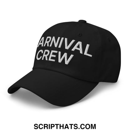 Black unstructured dad hat with carnival crew embroidered in white thread for casual carnival workwear