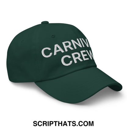 Dark green unstructured dad hat with carnivore crew embroidered in white ideal for casual outdoor wear
