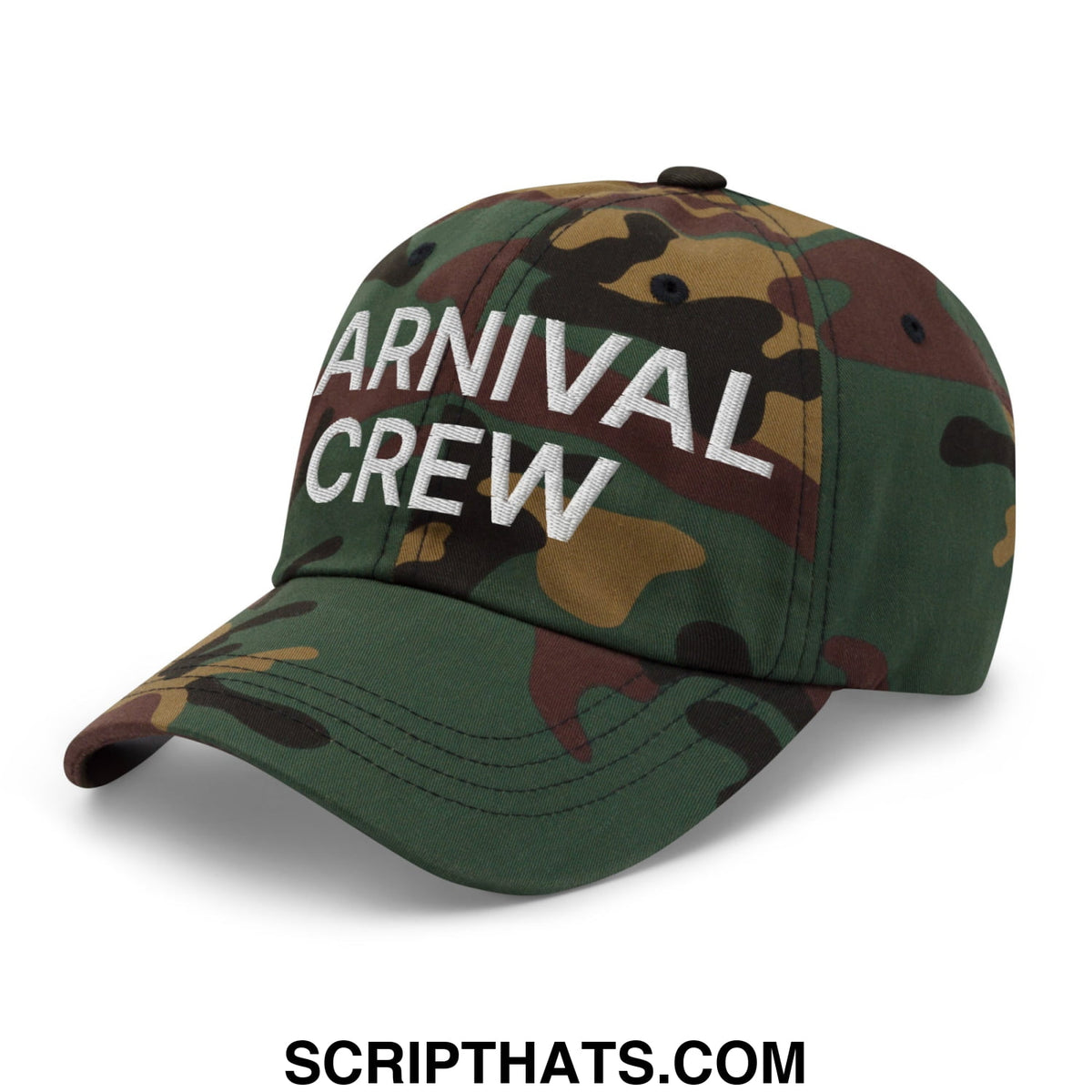 A camouflage carnival crew carny work embroidered unstructured dad hat with white lettering on the front