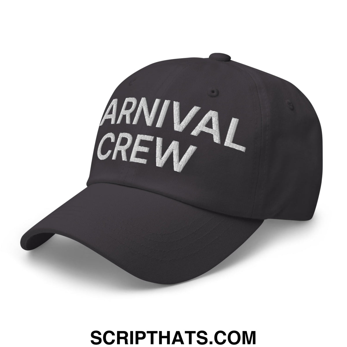 Black unstructured dad hat with carnival crew embroidered in white thread front for casual workwear