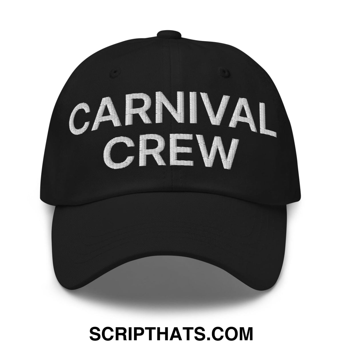 Black unstructured dad hat with carnival crew embroidered in white thread for casual workwear use
