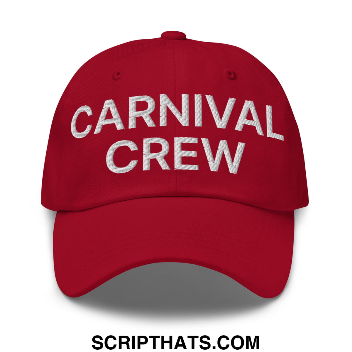 A vibrant red unstructured dad hat with bold white embroidered carnival crew lettering for casual wear