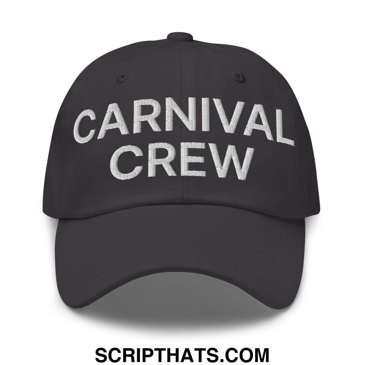 Black unstructured dad hat with carnival crew embroidered in white thread for casual carnival work wear