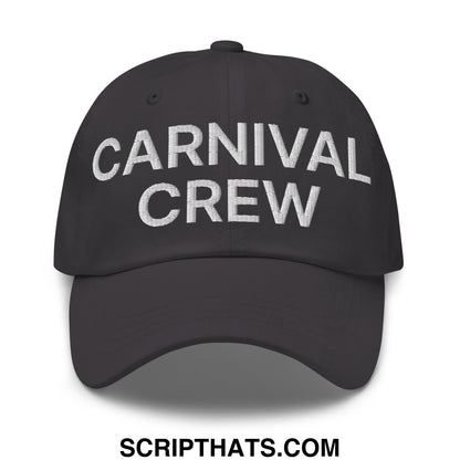 Black unstructured dad hat with carnival crew embroidered in white thread for casual carnival work wear